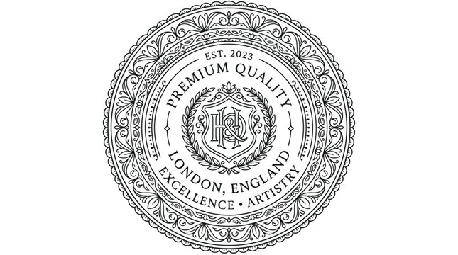Elegant ornamental emblem featuring premium quality, excellence, and artistry from London, England, established 2023.