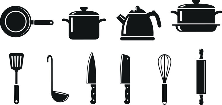 Black silhouette collection of kitchenware and cooking tools including cookware pots pans and chef knives vector illustration