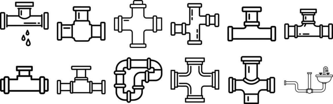 Pipe Plumbing Vector Icon Set with Industrial Pipeline Connector and Water Supply Symbols