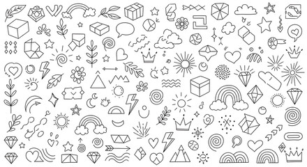 Fototapeta premium Diverse collection of whimsical hand-drawn doodle icons including rainbows stars and abstract shapes with sketches graphics elements drawings artistic patterns creative rainbows illustration