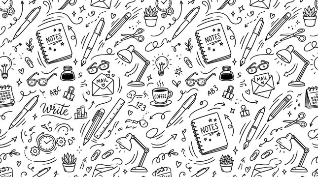 Hand-drawn stationery and office supplies form a creative doodle pattern on a white background, perfect for backgrounds and designs.