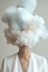 Fototapeta premium Surreal woman enveloped in clouds, representing introspection and overthinking, emotions in fog.
