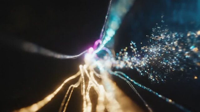 Abstract illustration of bright color particle stream emitting from a central light source on a dark background.