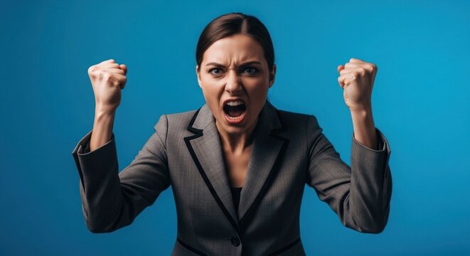 Furious Businesswoman Shouting with Clenched Fists Raised High.