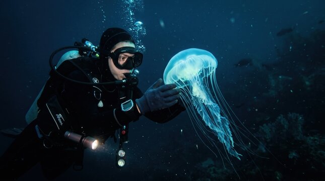 A diver touches a glowing jellyfish in dark water
