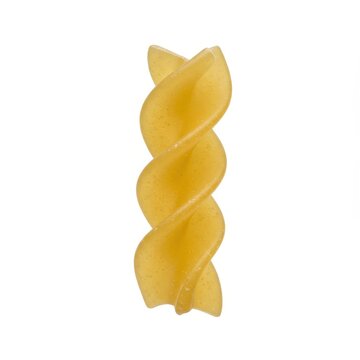 Single uncooked piece of fusillo pasta with a spiral shape against a clean white backdrop, emphasizing the food ingredient texture and form, carbohydrate, shape, noodle