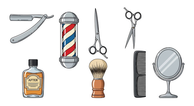 Barber tools collection illustration barber pole scissors razor mirror comb