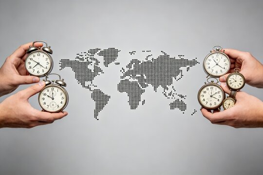 Hands holding clocks with world map background
