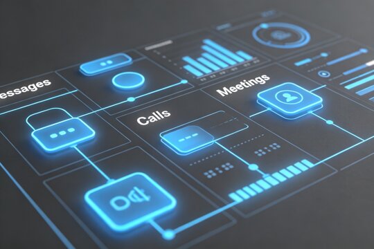 Digital communication interface with blue glowing elements