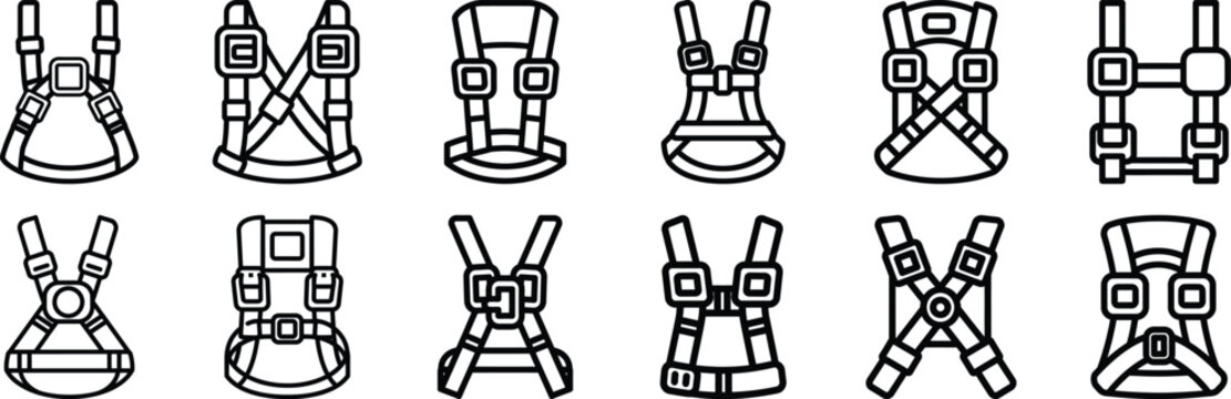 Safety Harness Vector Icon Set with Climbing Construction and Fall Protection Equipment