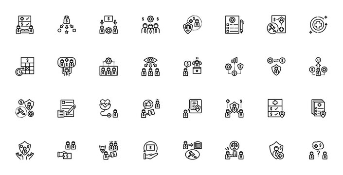 Workmen Compensation icon set. Minimal line icons. Includes symbols for agreement, claim, insurance, wage and more. Editable vector stroke.