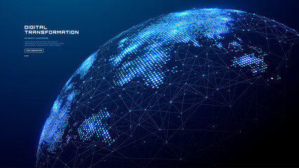 Globe network illustration. Digital world global map tech blue background with glowing network lines showing worldwide connectivity and data transfer across. Vector technology illustration.  © AntonKhrupinArt