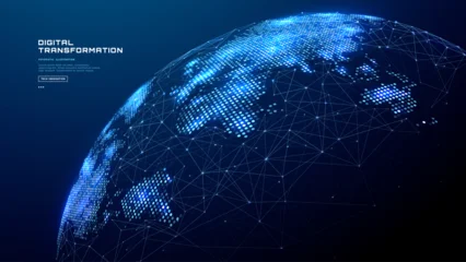 Fototapete Weltkarten Globe network illustration. Digital world global map tech blue background with glowing network lines showing worldwide connectivity and data transfer across. Vector technology illustration.   © AntonKhrupinArt