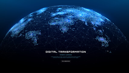 Modern global tech background with a digital globe, world map and AI network systems that connect planet earth through smart data, futuristic innovation and virtual communication. Vector illustration © AntonKhrupinArt