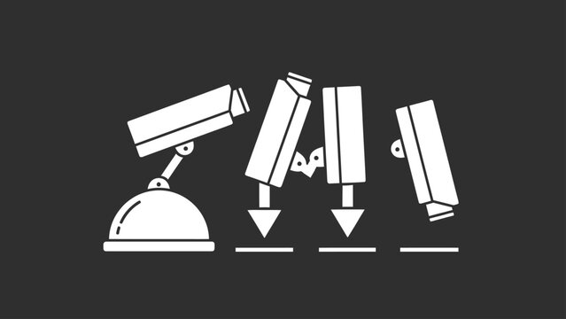 Four stylized security cameras capture different angles on a dark background
