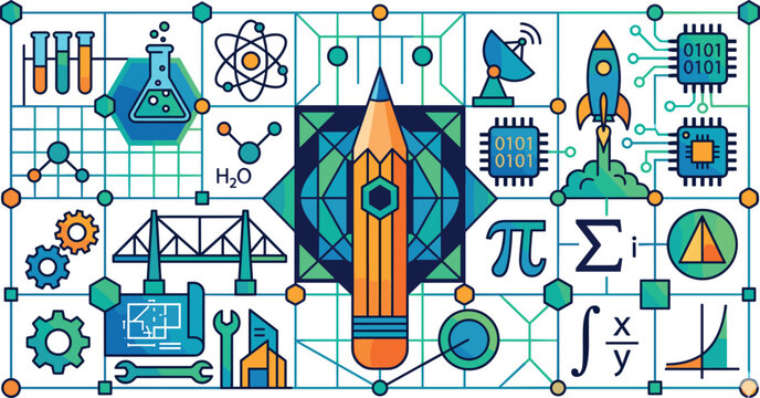 STEM education and engineering concept background vector illustration with central pencil science lab instruments rocket launch mathematics symbols and microchip circuit graphics