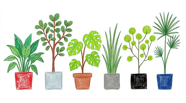 Various potted houseplants, Kids handdrawn of different indoor plants in colorful ceramic pots isolated on white background