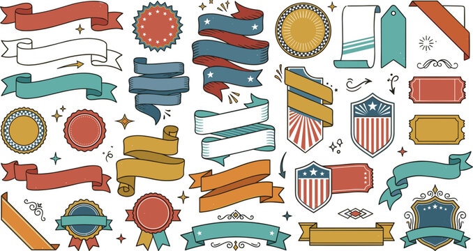 Vintage ribbon and badge vector banner design element set with retro labels shields tags scrolls and patriotic seals for certificate or promotional branding decoration