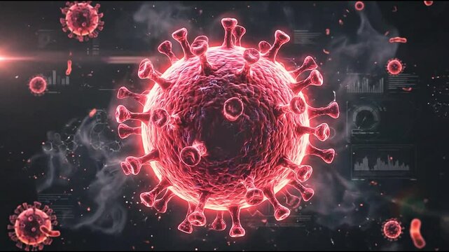Dangerous Pathogen text with large red virus cell background.