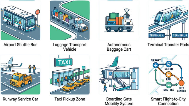 Airport transportation and logistics vector icon set with shuttle bus baggage cart terminal transfer pods runway service car taxi pickup and flight connection systems