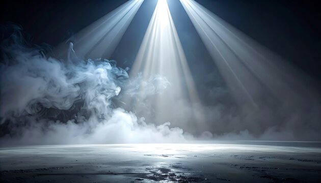 Spotlight beams illuminating a smoky stage with a reflective floor, creating a dramatic and atmospheric scene