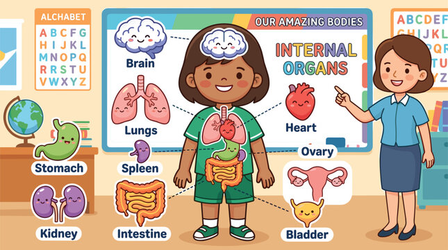 Cute cartoon human anatomy classroom poster with teacher showing internal organs like brain heart lungs and stomach to a kid student vector illustration