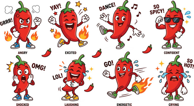 Cute cartoon red chili pepper character sticker set with various expressions including angry excited dancing confident shocked laughing energetic and crying emotions vector graphics