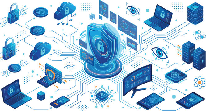 Cybersecurity and data protection isometric vector infographic with network circuit traces secure cloud database storage laptop monitoring and system firewall shield graphics
