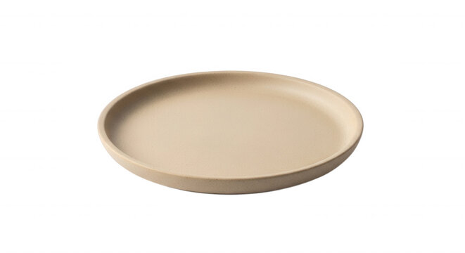 A single, round, matte beige ceramic plate centered on a solid black background, viewed from a slightly elevated angle