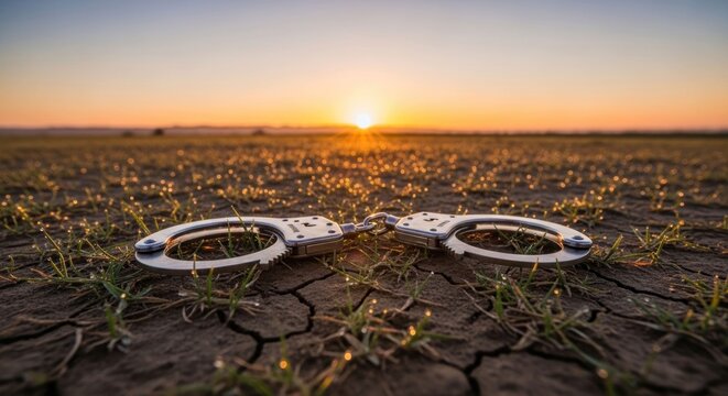 Handcuffs Resting on Cracked Earth Under a Dramatic Sunset Sky.