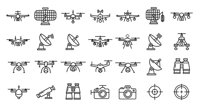 Collection of drones and related equipment line art icons for modern designs