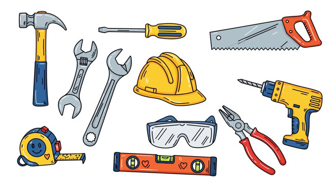 Collection of hand drawn construction tools hammer saw screwdriver and more