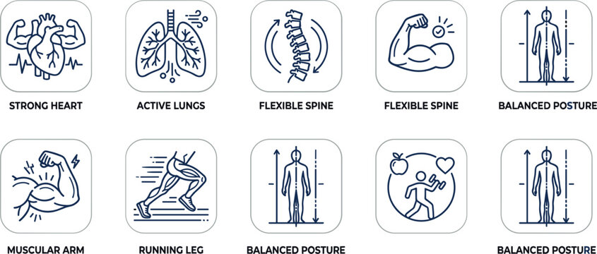 Healthy lifestyle and body fitness line icon set with strong heart active lungs flexible spine muscular arms balanced posture and running leg vector elements