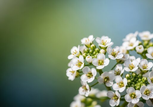 Delicate cluster of tiny white florets blooming under soft natural light, highlighting intricate botanical beauty and fragile springtime renewal, life, fragile, miniature