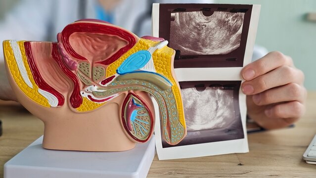 Ultrasound of male genital organs and doctor examines result. Ultrasound of penis indications of cause and diagnosis
