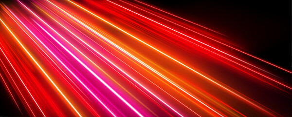 Fototapeta premium Urban neon expressway twisting with glowing pink, purple, and blue light trails forming fast dynamic motion energy waves vector illustration