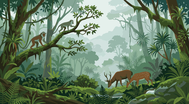 Monkeys and deer inhabit a dense forest with lush foliage and trees.