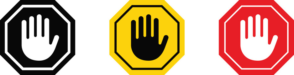 Stop Hand Sign Icon Set Warning Symbol Safety Traffic Halt Badge Vector Collection © Pixora Creative