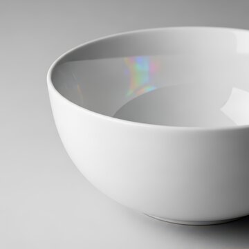Luxurious closeup of a brilliant white porcelain bowl featuring a smooth, reflective surface and an exquisite, high-gloss ceramic glaze finish, upscale, white, sophisticated