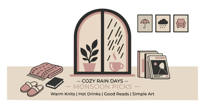 Warm Indoor Cozy Rainy Season Sale Flat Illustration Window Arch Modern Poster
