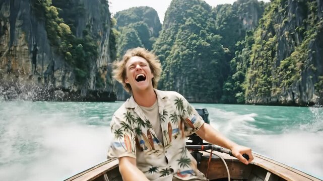 Happy man driving a wooden longtail boat through scenic limestone cliffs and turquoise water