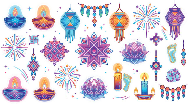 Modern neon Diwali festival element set with glowing diya lamps mandalas hanging lanterns fireworks lotus flowers and sacred hindu symbols vector illustration