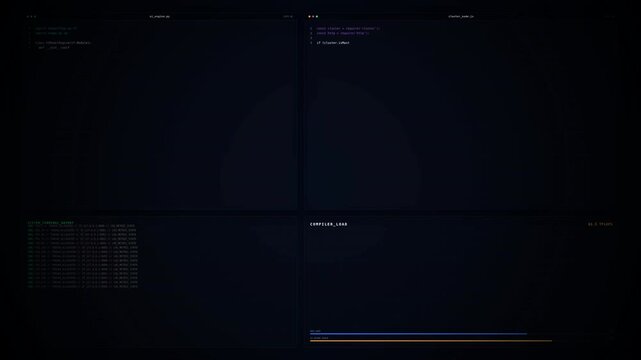A dark-themed computer screen displays a terminal window with colorful code, multiple panels showing data, and a command-line interface