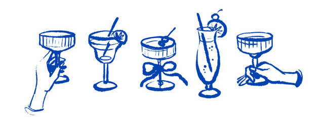 Summer vacation crayon drinks doodle set. Italian Mediterranean coastal stickers. Hand drawn isolated vector illustration. Amalfi sketch beach design. © pim