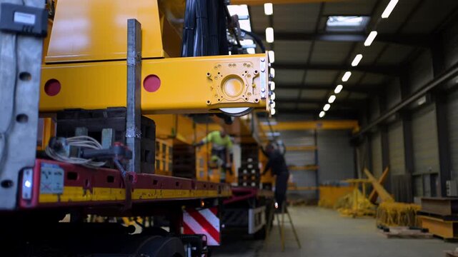 Slow motion industrial close-up of an overhead crane section being secured onto a special transport truck by workers inside a warehouse.