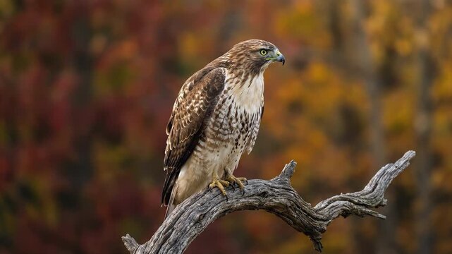 Red-tailed hawk perched on a dry tree branch against a blurry autumn forest background