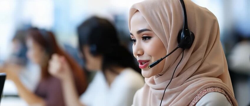 A happy Muslim woman in a contact center wearing a headset.