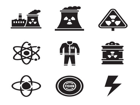 Vector illustration of nuclear power plant and radioactive symbols in flat style