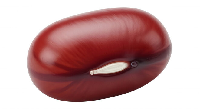 A single, smooth, dark red adzuki bean isolated against a solid black background, showing a distinct white hilum scar on its side