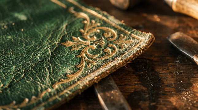 Close-up macro view of a vintage green leather book cover featuring intricate gold floral embossing and craftsmanship details.